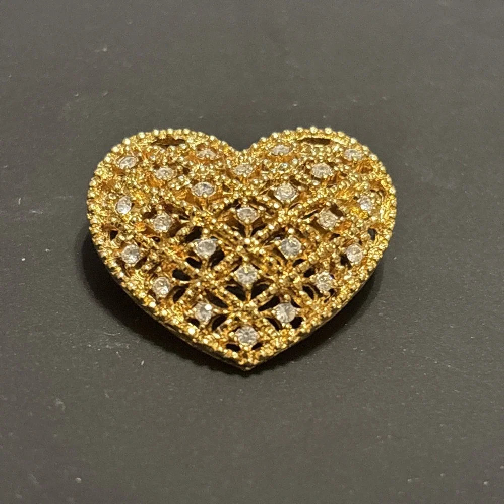 1980s Gold Tone Lattice Heart Brooch, Openwork Filigree Crystal Pin, Romantic